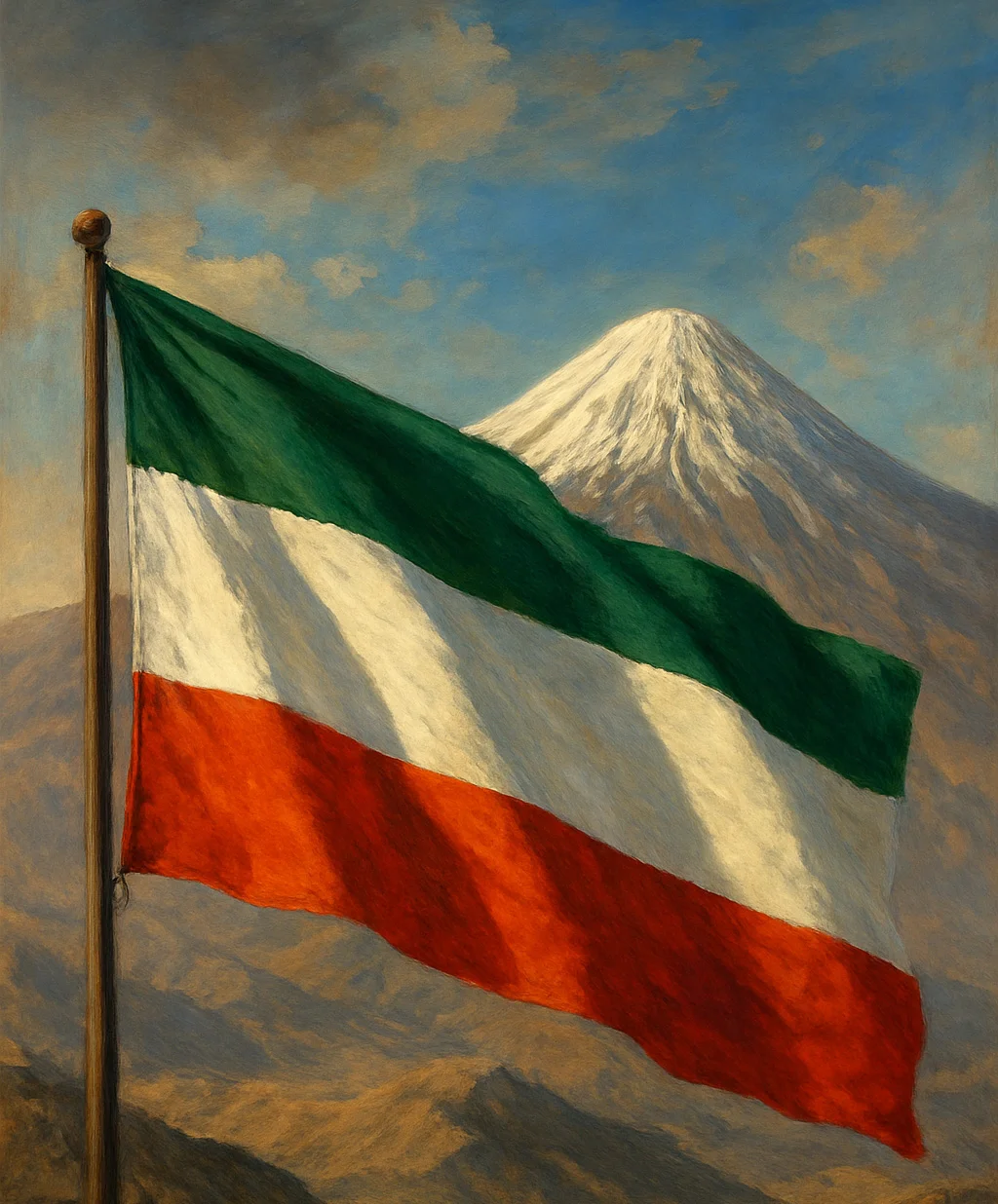 پرچم سه رنگ ایران در کنار دماوند