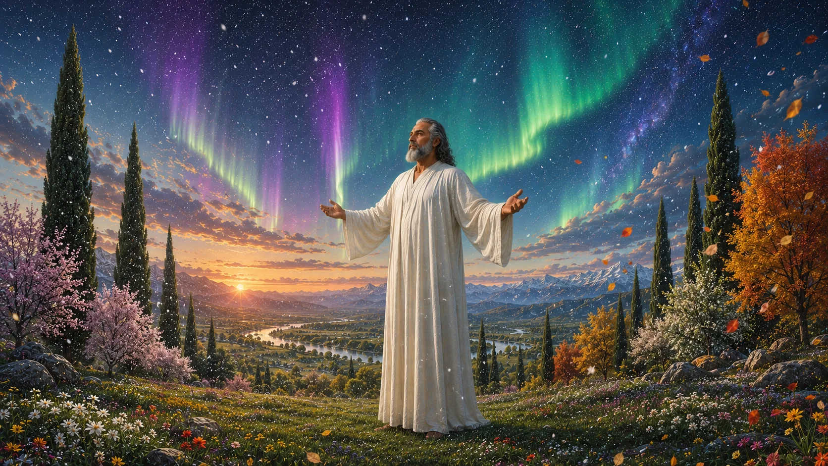 تصویری خیالی از تجربه‌های معنوی حافظ، تصویری که آسمان شفق قطبی دارد، برف می‌بارد ولی درخان سبز هستند و شکوفه‌های بهاری جلوه می‌کنند. برگ‌های پاییزی روان هستند