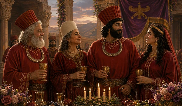 تصویری خیالی از جشن زادروز کوروش بزرگ در انشان در کنار همسرش و همراهی پدر و مادر کوروش بزرگ یعنی کمبوجیه و ماندانا
